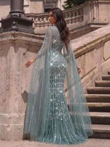 Glamrae Contrast Sequin Cloak Sleeve Formal Dress - sea blue - View 3