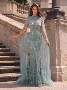 Glamrae Contrast Sequin Cloak Sleeve Formal Dress - sea blue - View 6