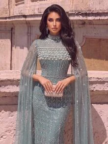 Glamrae Contrast Sequin Cloak Sleeve Formal Dress - sea blue - View 7