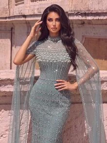 Glamrae Contrast Sequin Cloak Sleeve Formal Dress - sea blue - View 9