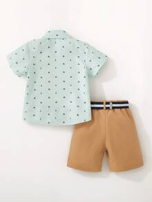 SHEIN 2pcs/Set Young Boys Allover Print Short Sleeve Casual Button-Front Shirt And Shorts Set - Multicolor - View 3