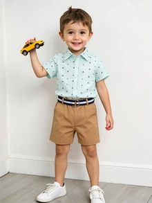 SHEIN 2pcs/Set Young Boys Allover Print Short Sleeve Casual Button-Front Shirt And Shorts Set - Multicolor - View 2