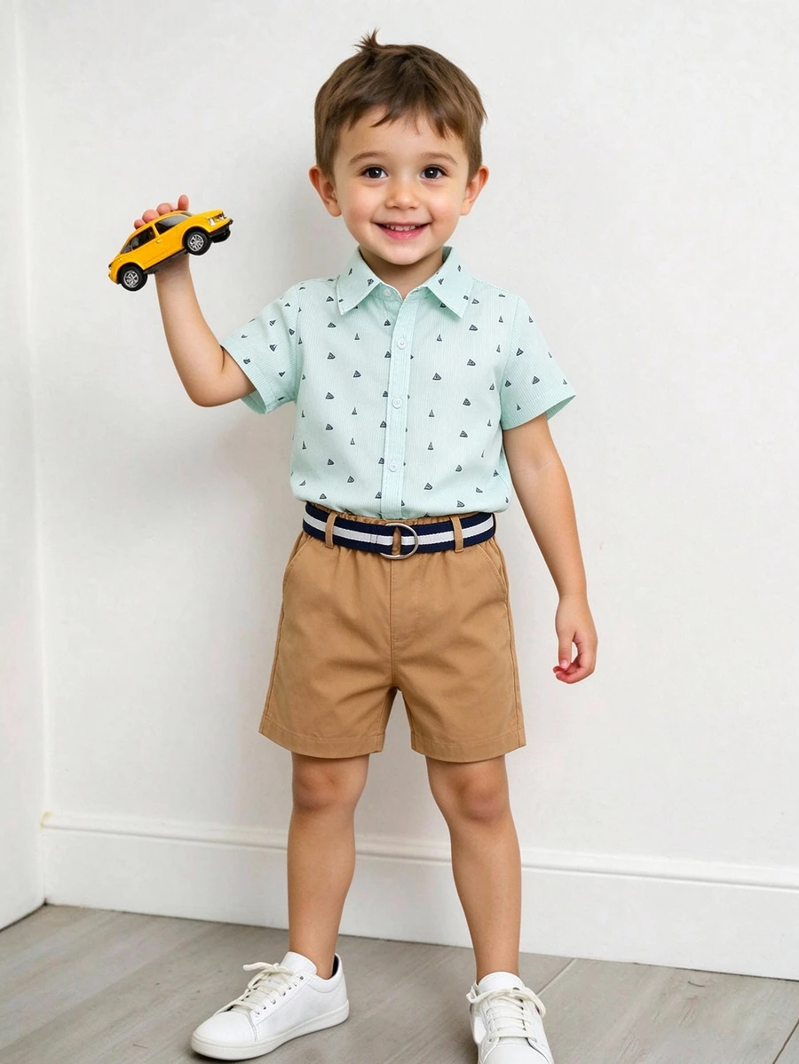 SHEIN 2pcs/Set Young Boys Allover Print Short Sleeve Casual Button-Front Shirt And Shorts Set