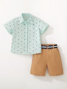 SHEIN 2pcs/Set Young Boys Allover Print Short Sleeve Casual Button-Front Shirt And Shorts Set - Multicolor - View 4