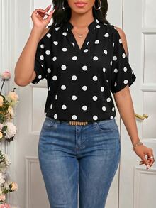 SHEIN Lady Women's Fashionable Versatile Polka Dot Print Off-Shoulder Blouse,Summer Top Vacation - Black and White - View 4