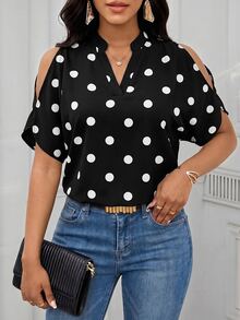 SHEIN Lady Women's Fashionable Versatile Polka Dot Print Off-Shoulder Blouse,Summer Top Vacation - Black and White - View 2