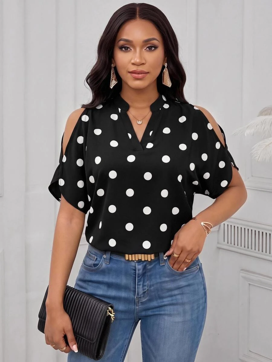 SHEIN Lady Women's Fashionable Versatile Polka Dot Print Off-Shoulder Blouse,Summer Top Vacation - Black and White - View 1