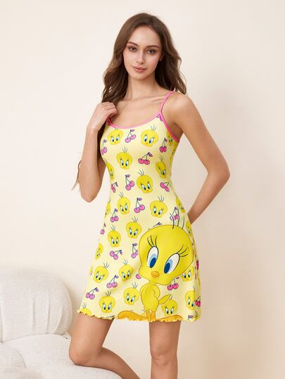 LOONEY TUNES X SHEIN Women's Cartoon Print Patchwork Casual Daily Home Camisole Nightgown
