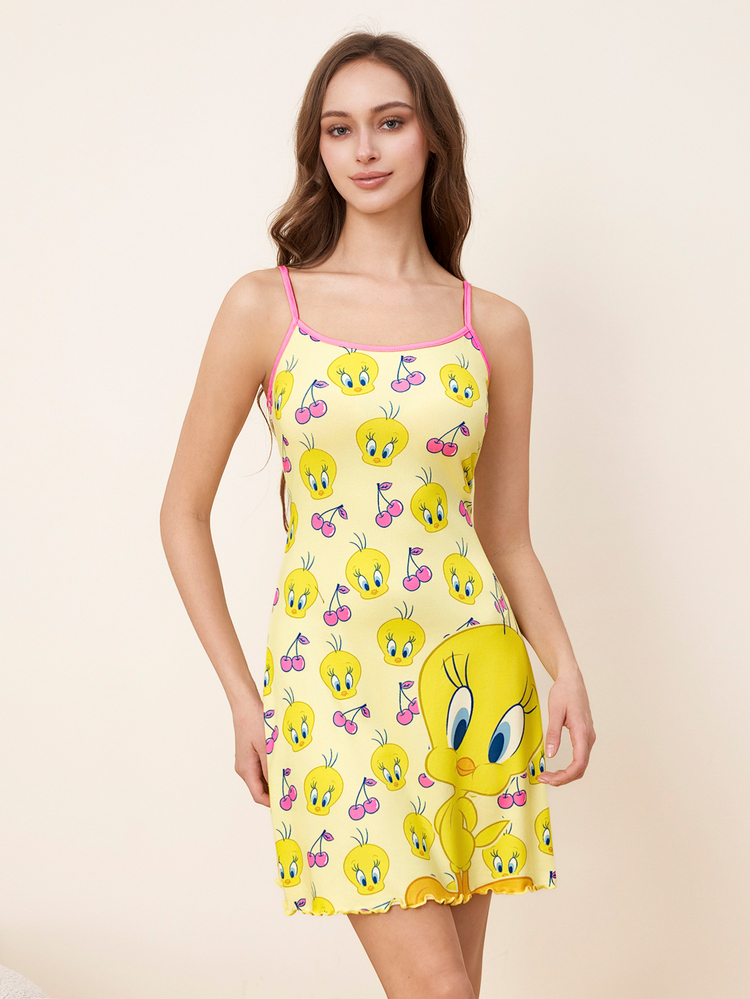 LOONEY TUNES X SHEIN Women's Cartoon Print Patchwork Casual Daily Home Camisole Nightgown - Yellow - View 4