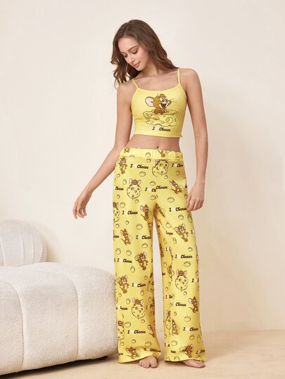 TOM & JERRY X SHEIN Ensemble de pyjama d'été pour femmes avec débardeur imprimé de lettres de dessin animé mignon et pantalon à jambes larges à taille élastique