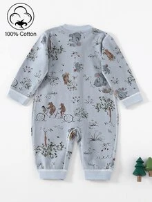 SHEIN 男婴长袖连体衣，柔软舒适，2026春夏新款时尚基础款，无缝设计，大象森林派对数码印花，可爱风格，全开襟按扣方便穿脱，适合日常休闲、度假和旅行。 - 淺藍色 - 查看 3