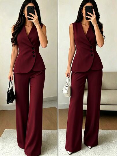 SHEIN Raffinéa Conjunto de 2 piezas de blazer sin mangas estilo francés, chaleco de punto con botones que ciñe la cintura y pantalones largos de pierna ancha de cintura alta, atuendo versátil y de moda para ir al trabajo