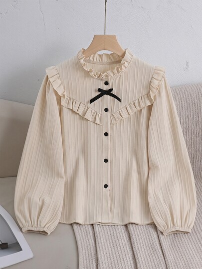 SHEIN Tween Girls Solid Ruffle Trim Ribbed Blouse, Cute Bow Front Long Lantern Sleeve Shirt Elegant Casual Fall Winter Tops