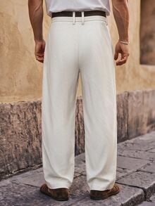 HIMLAND Men's Solid Color Wide Leg Loose Casual Commute Suit Pants - Beige - View 2