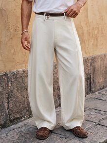 HIMLAND Men's Solid Color Wide Leg Loose Casual Commute Suit Pants - Beige - View 1