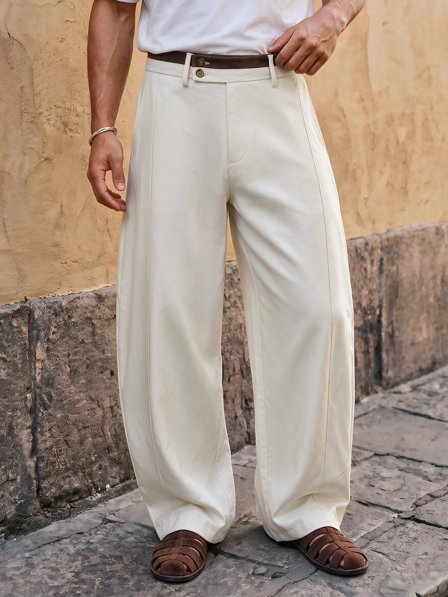HIMLAND Men's Solid Color Wide Leg Loose Casual Commute Suit Pants - Beige - View 1