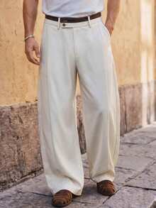 HIMLAND Men's Solid Color Wide Leg Loose Casual Commute Suit Pants - Beige - View 4