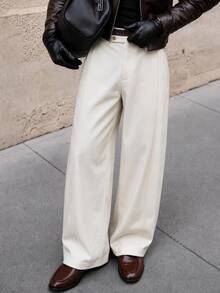 HIMLAND Men's Solid Color Wide Leg Loose Casual Commute Suit Pants - Beige - View 6