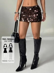 SHEIN PETITE Women's Sexy Sequin Mini Skirt For Bar - Brown - View 8
