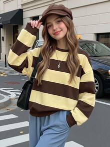 Tween Girls Casual Crew Kids Neck Drop Shoulder Sweatshirt With Cartoon Graphic, Suitable For Autumn/Winter - Multicolor - View 3