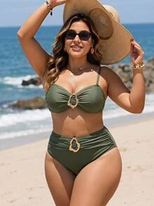 Swim Lushoire Plus Size Women 2pcs Solid Color Beach Party Vacation Asymmetric Metal Decor Two-Piece Bikini Set Olive Green Summer Sexy Elegant - Army Green - View 7
