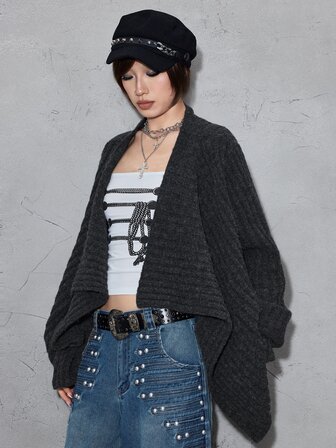 Grunge Punk Cardigan vintage casual da pendolarismo con maglia a trecce a costine spesse, colletto a scialle e orlo asimmetrico