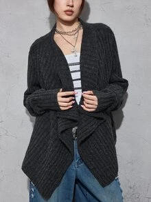 ROMWE Grunge Punk Vintage Casual Commute Chunky Ribbed Cable Knit Shawl Collar Asymmetrical Hem Cardigan - Dark Grey - View 2