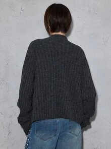 ROMWE Grunge Punk Vintage Casual Commute Chunky Ribbed Cable Knit Shawl Collar Asymmetrical Hem Cardigan - Dark Grey - View 6