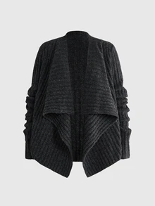 ROMWE Grunge Punk Vintage Casual Commute Chunky Ribbed Cable Knit Shawl Collar Asymmetrical Hem Cardigan - Dark Grey - View 7