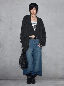 ROMWE Grunge Punk Vintage Casual Commute Chunky Ribbed Cable Knit Shawl Collar Asymmetrical Hem Cardigan - Dark Grey - View 3
