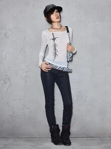 ROMWE Grunge Punk Punk Casual Sword Slogan Print Sheer Fitted Long Sleeve Top - White - View 3