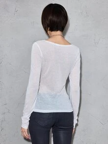 ROMWE Grunge Punk Punk Casual Sword Slogan Print Sheer Fitted Long Sleeve Top - White - View 5