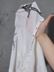 ROMWE Grunge Punk Punk Casual Sword Slogan Print Sheer Fitted Long Sleeve Top - White - View 11