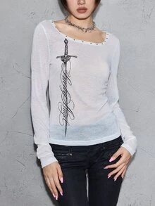 ROMWE Grunge Punk Punk Casual Sword Slogan Print Sheer Fitted Long Sleeve Top - White - View 6