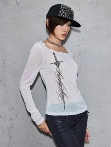 ROMWE Grunge Punk Punk Casual Sword Slogan Print Sheer Fitted Long Sleeve Top - White - View 4