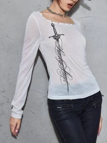 ROMWE Grunge Punk Punk Casual Sword Slogan Print Sheer Fitted Long Sleeve Top - White - View 7