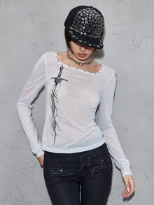 ROMWE Grunge Punk Punk Casual Sword Slogan Print Sheer Fitted Long Sleeve Top - White - View 8