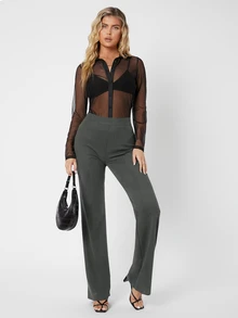 SHEIN Tall Women's Solid Color Elegant Knit Long Pants For Business Office - Dark Grey - View 5