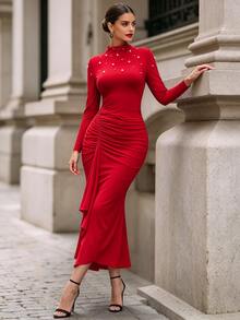 Vavine Red Round Neck Long Sleeve Beaded Fitted Ruched Ruffle Hem Slit Women's Dress Christmas Dinner Night Fall Elegant - Red - View 7