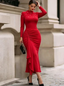 Vavine Red Round Neck Long Sleeve Beaded Fitted Ruched Ruffle Hem Slit Women's Dress Christmas Dinner Night Fall Elegant - Red - View 4