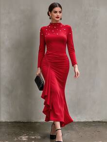 Vavine Red Round Neck Long Sleeve Beaded Fitted Ruched Ruffle Hem Slit Women's Dress Christmas Dinner Night Fall Elegant - Red - View 1