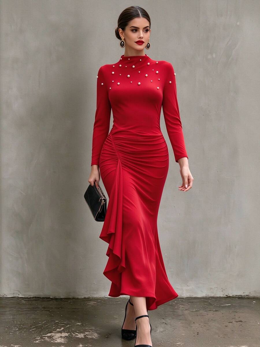 Vavine Red Round Neck Long Sleeve Beaded Fitted Ruched Ruffle Hem Slit Women's Dress Christmas Dinner Night Fall Elegant - Red - View 1