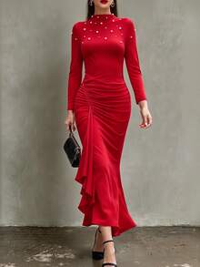 Vavine Red Round Neck Long Sleeve Beaded Fitted Ruched Ruffle Hem Slit Women's Dress Christmas Dinner Night Fall Elegant - Red - View 6