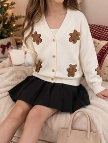 SHEIN Tween Girl Bear Embroidery Drop Shoulder Cardigan Autumn Fall - White - View 1