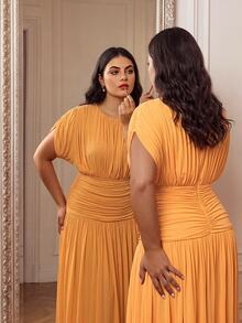 Anewsta Spring/Summer New Solid Color Elastic Mesh Soft Delicate Round Neck Gathered Design Plus Size Women Long Dress - Pale Yellow - View 2