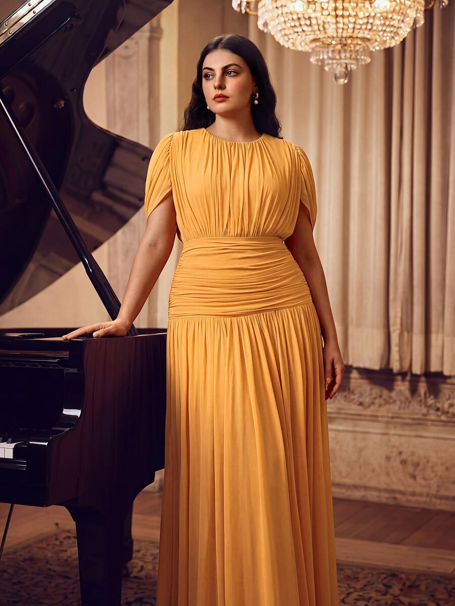 Anewsta Spring/Summer New Solid Color Elastic Mesh Soft Delicate Round Neck Gathered Design Plus Size Women Long Dress - Pale Yellow - View 1