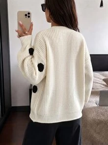 LUMIGAL 女款秋冬新款針織開襟衫，V領，不對稱大波點，單排扣，落肩，荷葉邊袖口，短版，金屬鈕扣裝飾，百搭休閒通勤開襟毛衣 - 彩色 - 查看 2