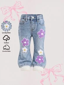 SHEIN 女嬰花卉毛巾刺繡圖案藍色丹寧彈性緊身喇叭褲 西部牛仔女郎風 - 藍色 - 查看 1