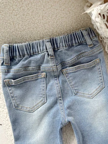 SHEIN 女嬰花卉毛巾刺繡圖案藍色丹寧彈性緊身喇叭褲 西部牛仔女郎風 - 藍色 - 查看 5