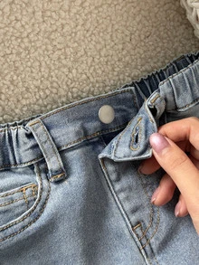SHEIN 女嬰花卉毛巾刺繡圖案藍色丹寧彈性緊身喇叭褲 西部牛仔女郎風 - 藍色 - 查看 7
